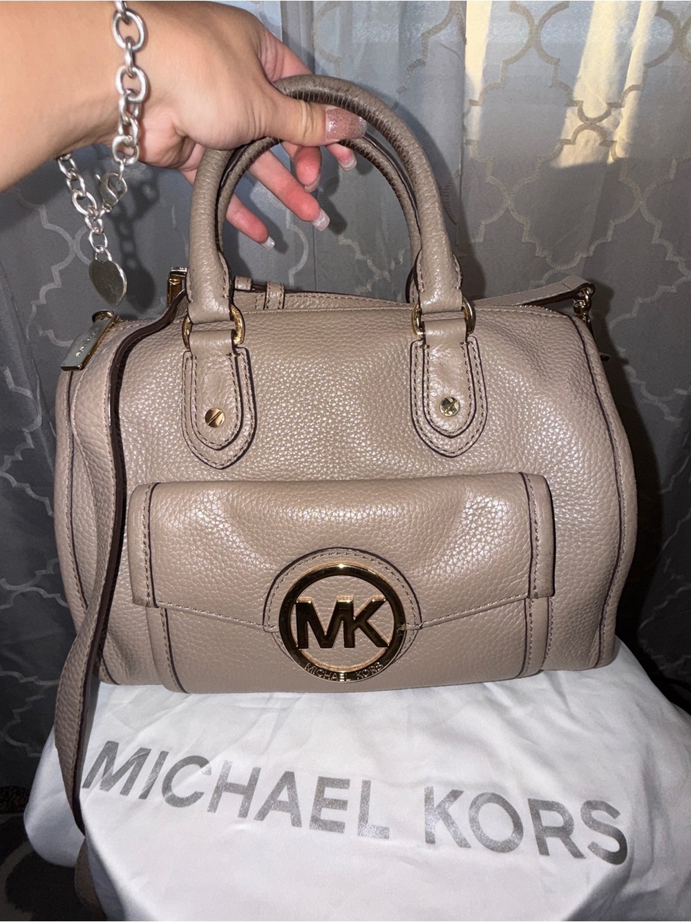 Michael Kors Taupe Leather Small Duffle Style Bag with Gold MK Logo